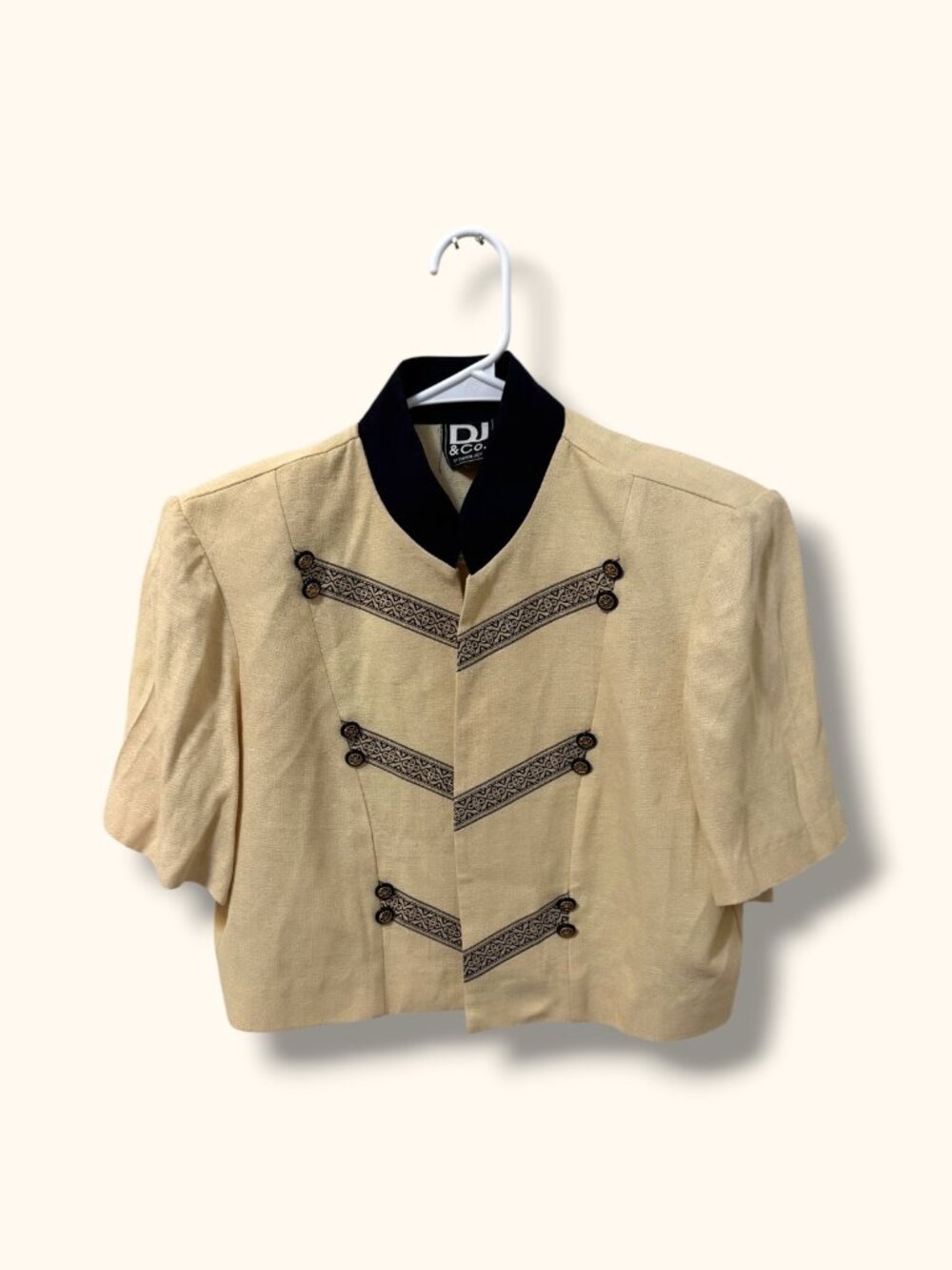 DJ & Co Jacket Womens 10 Cropped Military Style Embroidered Short Sleeve Beige